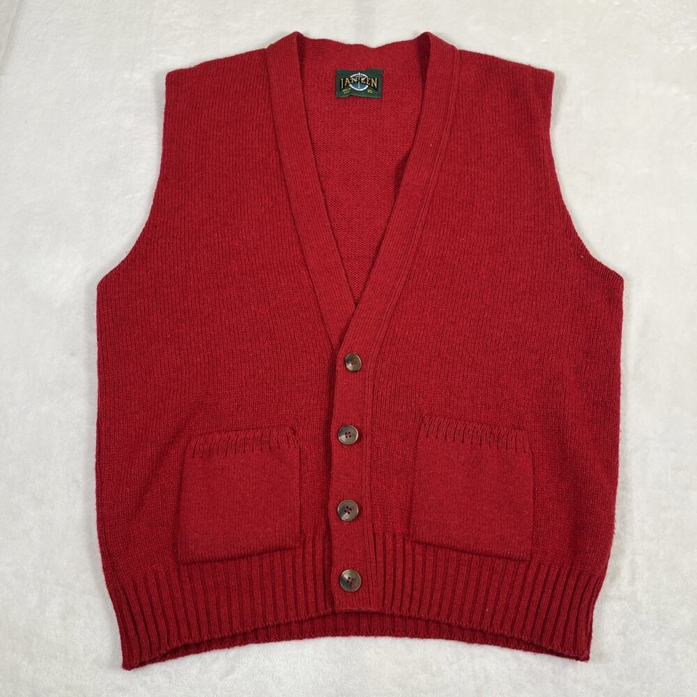 Vintage Jantzen Cardigan Sweater Vest Mens X-Large Red Wool Blend 70s Retro